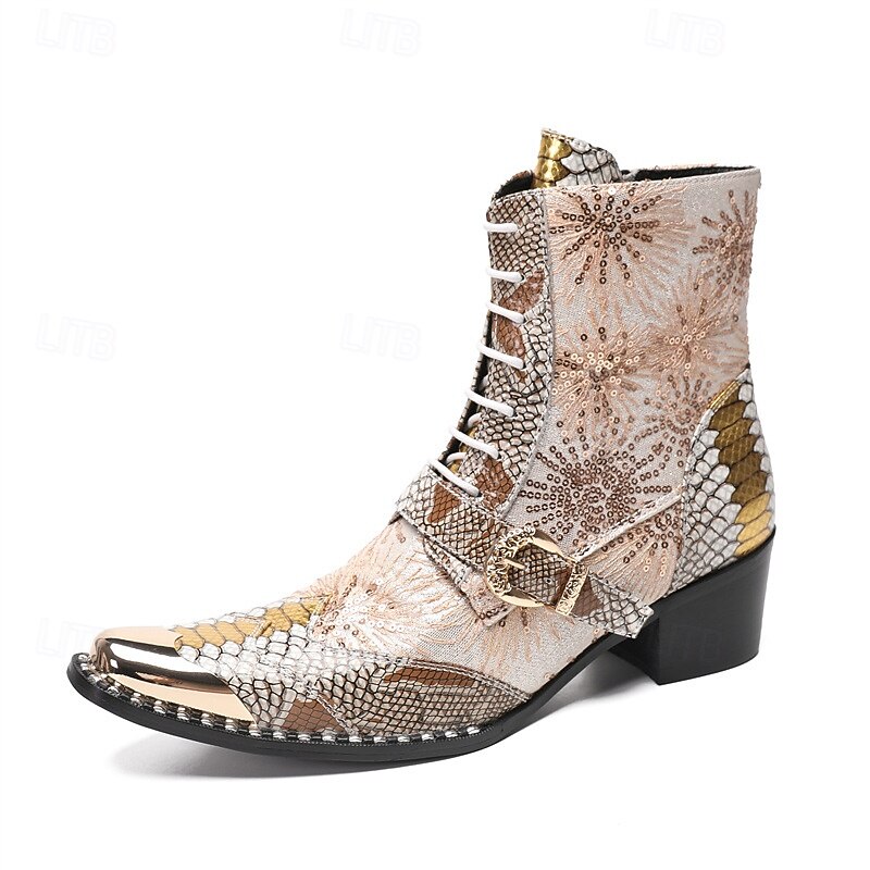 Men's Metallic Snake Print Western Boots with Studded Detailing – Fashionable and Bold Design for Festivals, Parties and Unique Occasions3
