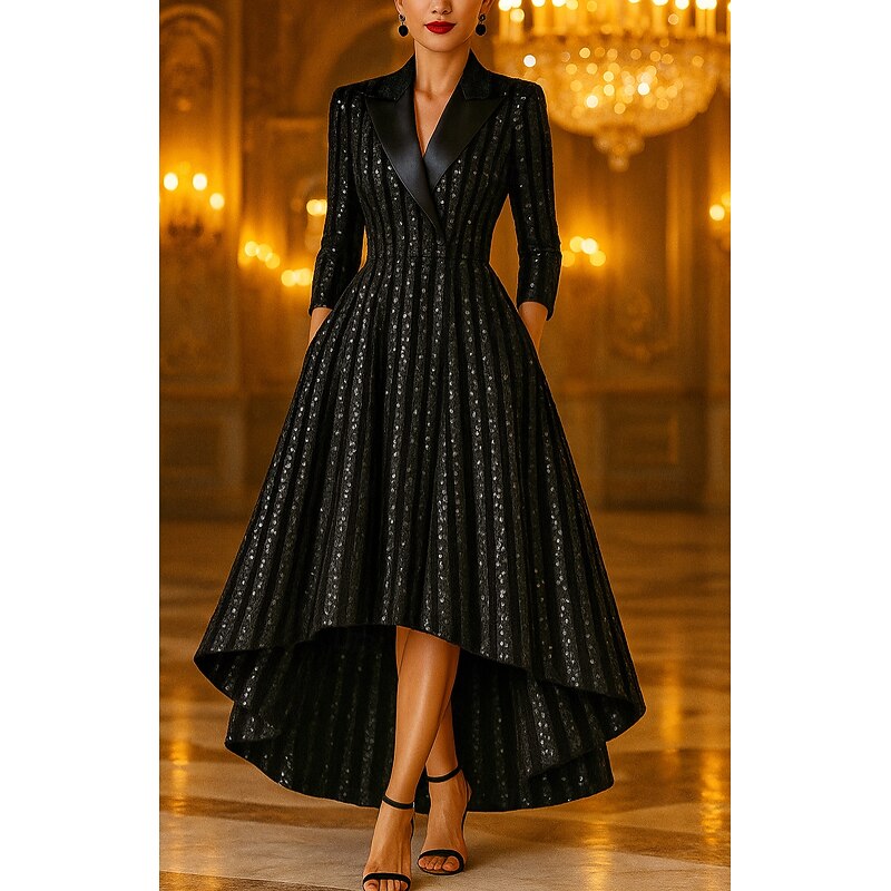 Black Sequin Tuxedo Dress Blazer A-Line Formal Wedding Wedding Guest Satin Elegant Vintage 3/4 Length Sleeve Floor Length Notched Lapels Zipper2