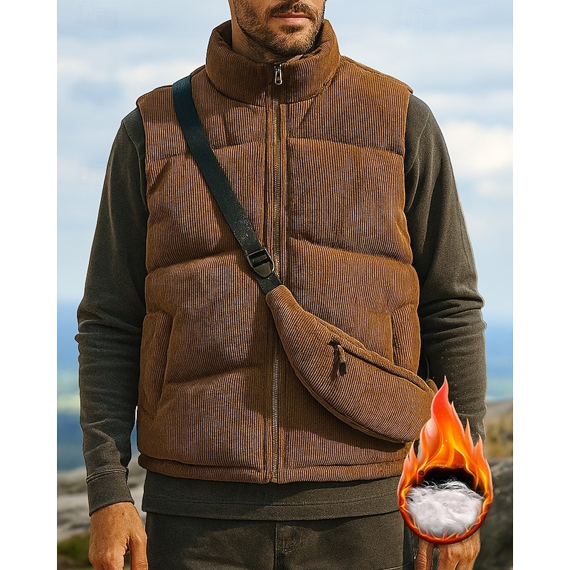 Men's Hiking Jacket Puffer Vest Thermal Vest Sleeveless Top Outdoor Thermal Warm Winter Zipper Polyester Black White Coffee Hunting Fishing Climbing