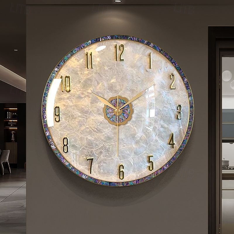 Wall Clock Decorated With Case Made Of Brass and Inlaid With Pearl Shells 36cm