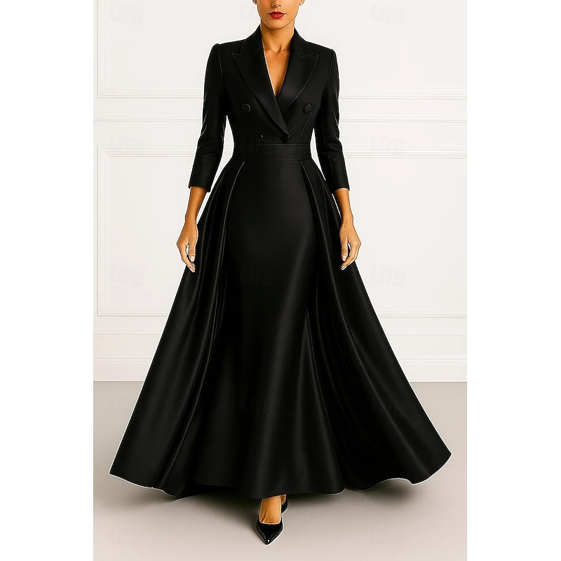 Tuxedo Dress A-Line Dress Stretch Satin Formal Blazer Dress Wedding Wedding Guest Elegant 3/4 Sleeve Pleated Floor Length Peaked Lapel Double Breasted4