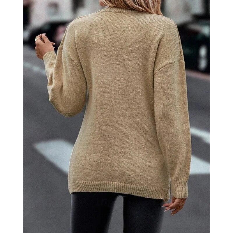 Women's Sweater Pullover Elegant Fashion Streetwear Solid Color Ribbed V Neck Knitted Asymmetric Hem Long Sleeve Regular Tops Knit Outdoor Daily Weekend Khaki Fall Winter4