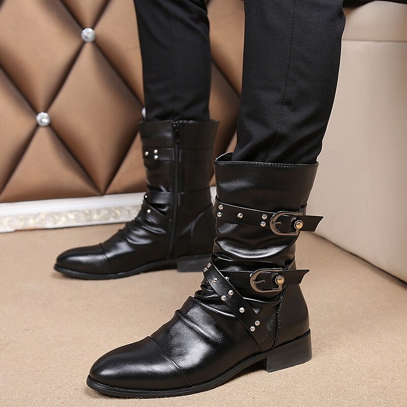 Black Faux Leather Men's Lace-Up Boots with Metal Straps and Fashion-Forward Design – Great for Trendsetters, Motorcycle Enthusiasts, Street Style and Punk Rock Fashion3