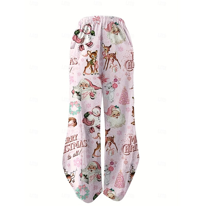 Women's Wide Leg Chinos Vacation Vintage Ethnic Style Full Length High WaistPantsUgly Christmas Graphic Christmas Elastic Waistband Inelastic Formal Vacation Street Black Pink Summer Spring Loose Fit4