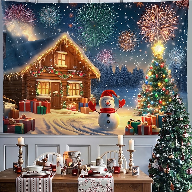 Chrismas Hanging Tapestry Gingerbread House Snowy Scene Christmas Tree Snowman Large Wall Art Mural Decor Blanket Curtain Holiday Home Bedroom Living Room Festive Party Decoration4