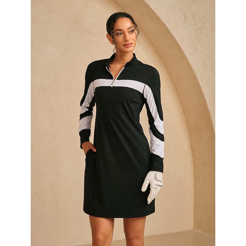 Women's Golf Dress Black with White Long Sleeve Dress Ladies Golf Attire Clothes Outfits Wear Apparel
