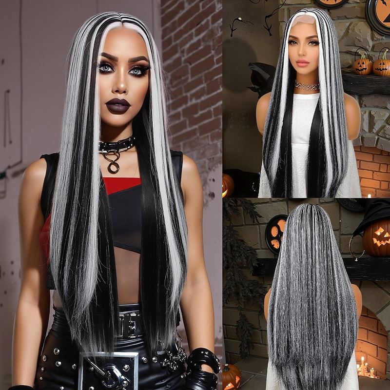 Synthetic Lace Wig Straight Style 30 inch Multi-color Middle Part U Part Wig Women's Wig Black & White