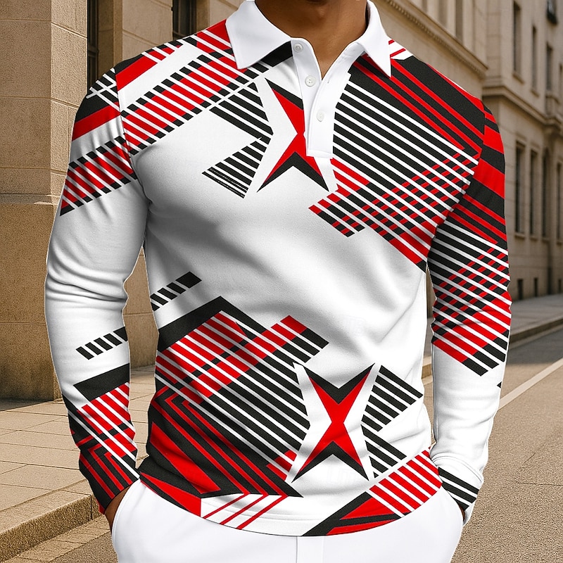 Men's Geometic Polo Long Sleeve Polo Shirts Lapel Business Casual Athleisure Daily Wear 3D Print Buttons Spring Fall Winter Red Blue Orange3
