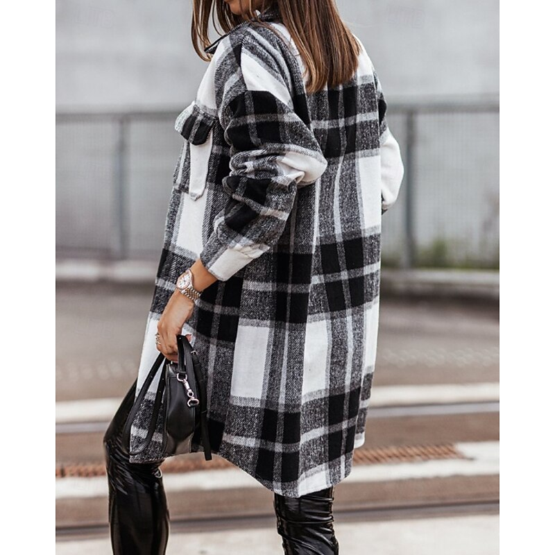 Women's Shirt Jacket Shacket Comfortable Pocket Buttons Casual Plaid Vacation Daily Wear Going out Weekend Long Turndown Regular Fit Long Sleeve Outerwear Black Fall Winter3