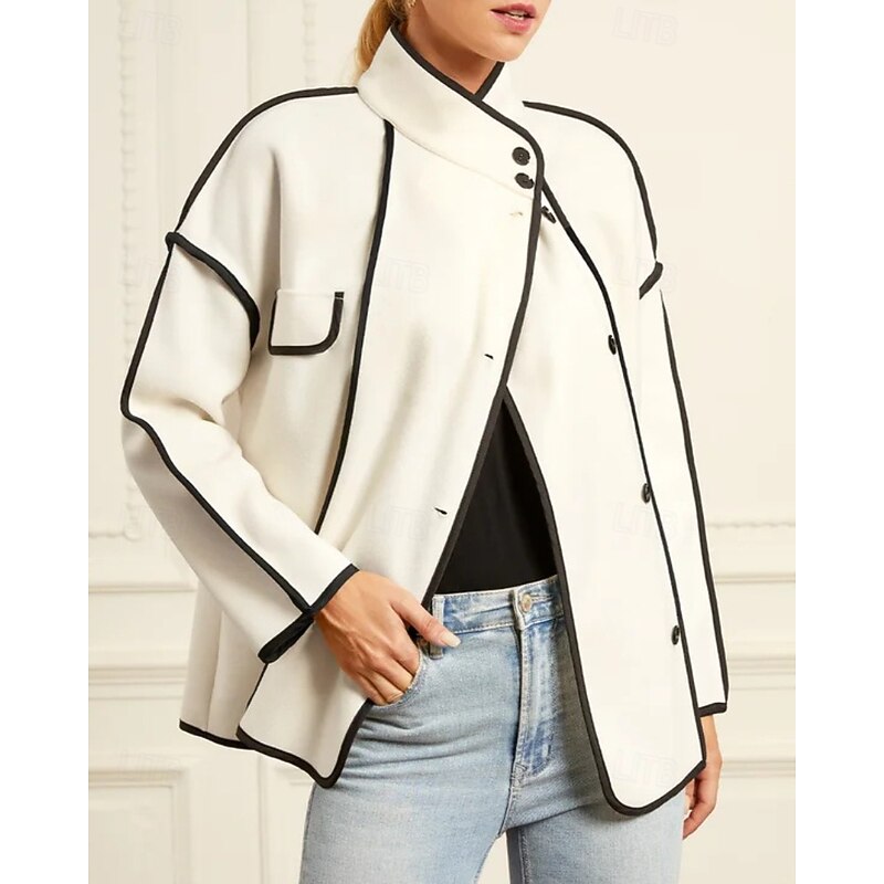 Women's Winter Coat Jacket Warm Comfortable Pocket Buttons Casual Color Block Vacation Street Going out Weekend Regular Stand Collar Regular Fit Long Sleeve Outerwear White Coffee Fall Winter3