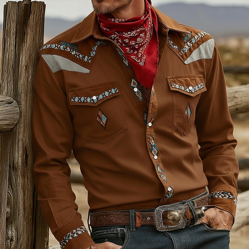 Men's Paisley Floral Print Ethnic Shirt Western Shirt Cowboy Shirt Long Sleeve Vintage Retro Outdoor Daily WorkWear Fall & Winter Turndown 3D Print Front Two Pockets Button Up Shirts Blue Brown Khaki3