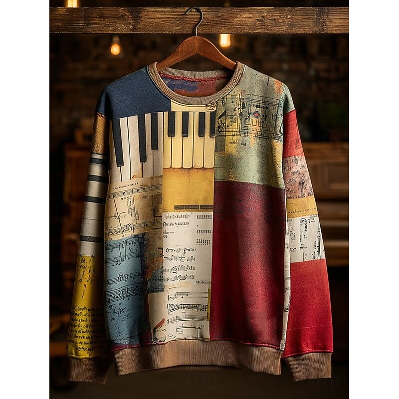 Women's Piano Music Sweatshirt Graphic Striped Abstract Casual Long Sleeve Crew Neck Regular Tops Home Work Street Patchwork Yellow Light Green Red Blue Orange Spring Fall Winter4