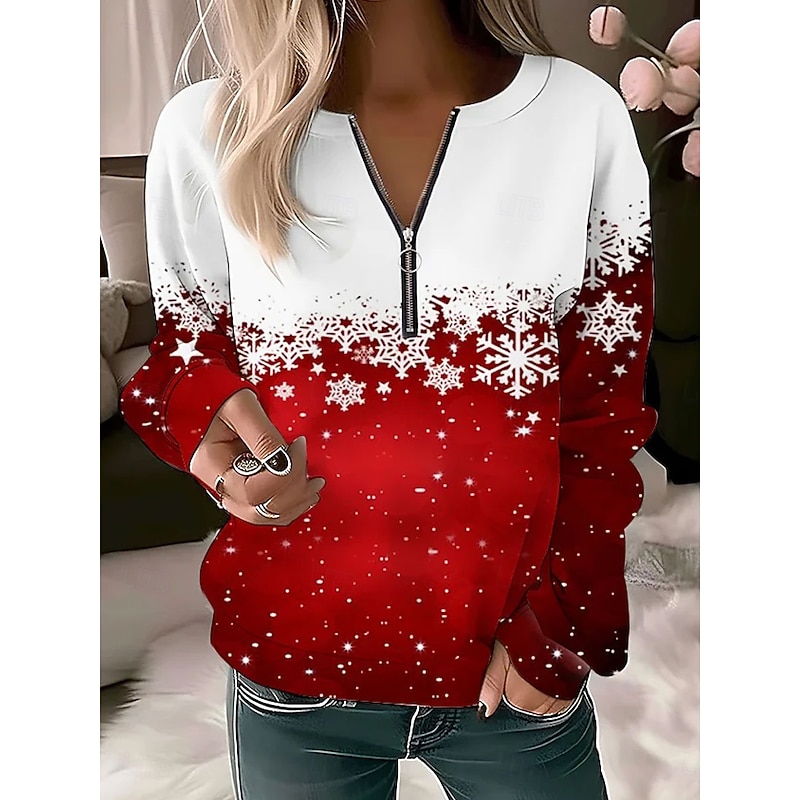 Women's Pullover Sweatshirt Zip Up Sweatshirts Graphic Snowflake Fashion Casual Long Sleeve Crew Neck Regular Tops Street Dailywear Casual Zipper Print Red Blue Purple Green Spring Fall Winter