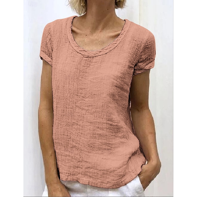 Women's Shirt Blouse Cotton Linen Shirts Plain Basic Short Sleeve Round Neck Regular Tops Casual White Pink Sky Blue Green Light Grey 5