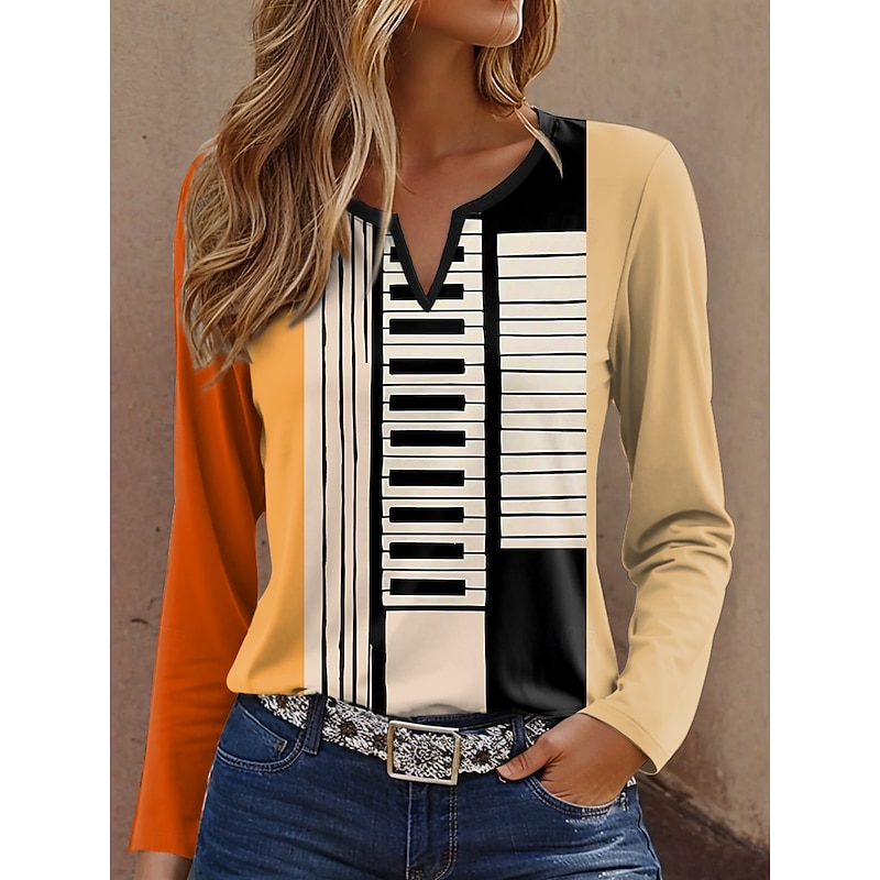 Women's T Shirt Graphic Geometric Vintage Stylish Modern Long Sleeve Notched Neck Regular Tops Daily Weekend Print Yellow Blue Orange Khaki Spring Fall3