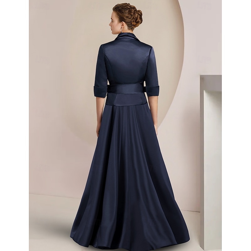 Two Piece Pantsuit Mother of the Bride Formal Wedding Guest Elegant Shirt Collar Ankle Length Satin Half Sleeve with Bow(s)2