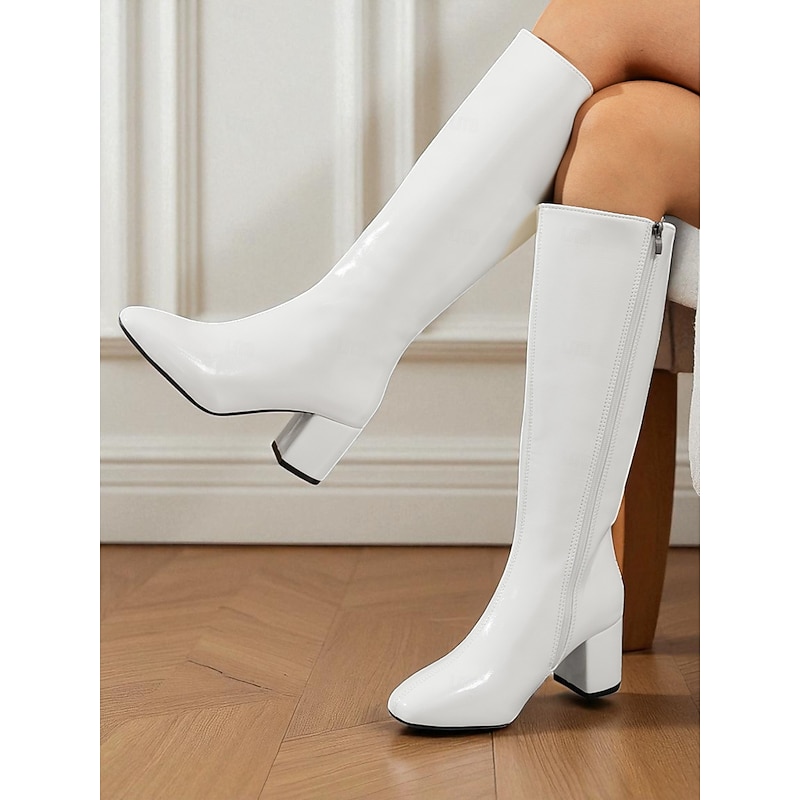 Women's White Knee-High Block Heel Fashion Boots – Chic Retro Long Boots for Parties, Costumes and Stylish Winter Outfits2