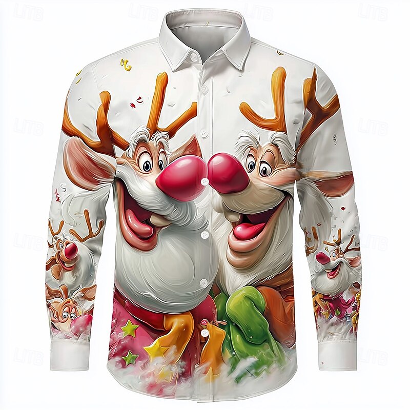 Christmas Men's Santa Claus Reindeer Christmas Animal Shirt Button Up Shirt Long Sleeve Funny Outdoor Holiday Spring Fall Turndown 3D Print Collared Shirts White 1 White White 2