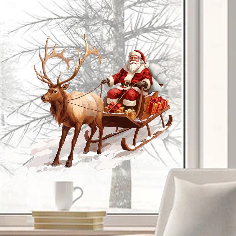 Christmas Sticker Wall Decals Holiday Atmosphere Santa Claus Reindeer Removable Vinyl Mural Living Room Dining Room Christmas Festival Background Wall Decoration Home Party Decor2
