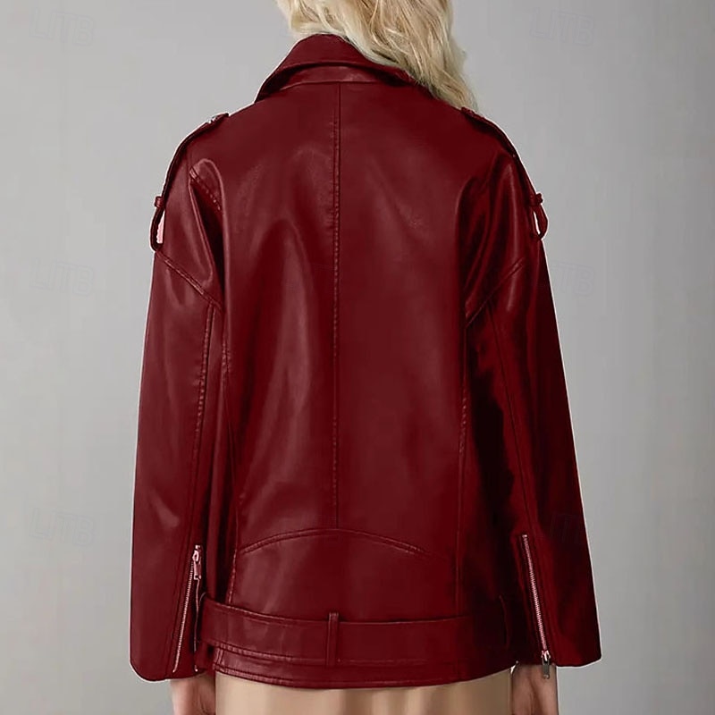 Women's Faux Leather Jacket Warm Comfortable Zipper Pocket Vintage Casual Solid Color Vacation Street Casual Daily Wear Short Regular Turndown Regular Fit Long Sleeve Outerwear Black Wine Fall Winter4