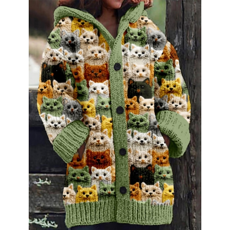 Women's Sweater Cardigan Casual Soft Animal Ribbed Hooded Pocket Buttons Knitted Long Sleeve Long Tops Knit Outdoor Daily Weekend Blue Green Fall Winter3