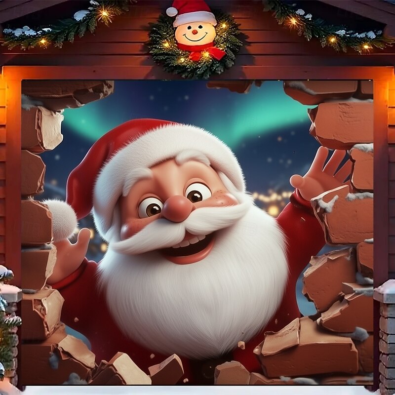 Christmas Garage Door Cover Winter Holiday Decoration Drapes with Santa Claus Bringing Christmas Gifts Print for Home Entryway Living Room Bedroom Indoor Outdoor Festive Seasonal Home Decor2