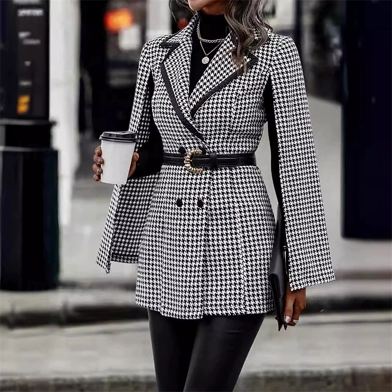 Women's Blazer Comfortable Pocket Elegant Fashion Outdoor Lattice Going out Casual Daily Weekend Cardigan Regular Lapel Regular Fit Long Sleeve Outerwear Black And White Spring Fall2