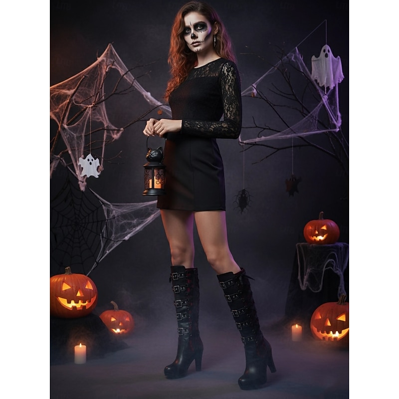 Women's Gothic Lace-Up High Heel Knee-High Boots with Multiple Buckle Straps - Steampunk Style Black Leather Boots with Red Lace Detailing, Perfect for Cosplay and Halloween2