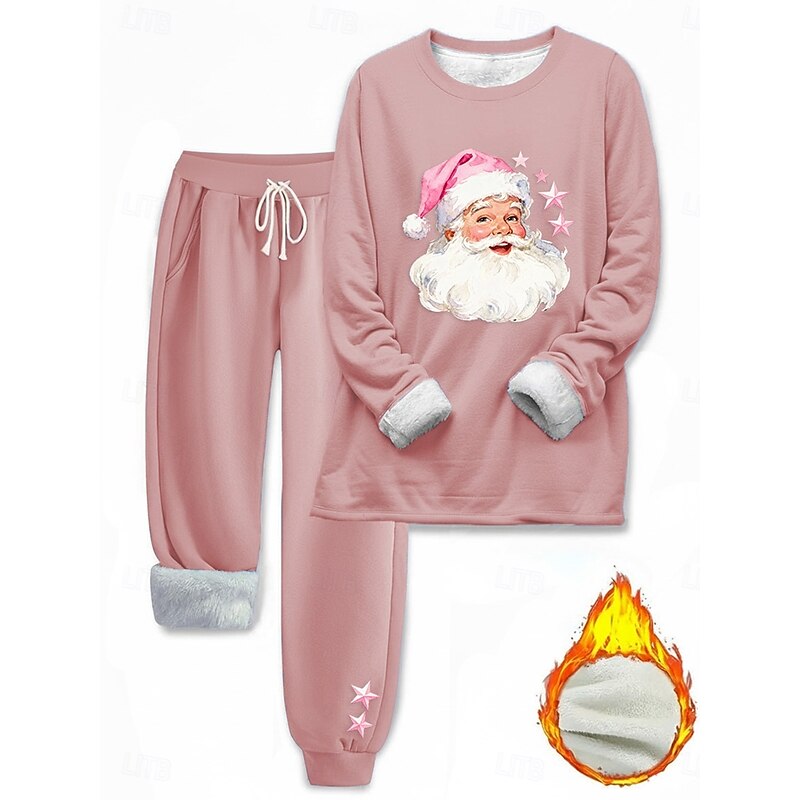 Women's Elegant Warm Fashion Two Piece Sets Tracksuit Pants Sets Long Sleeve Crew Neck Ugly Christmas Print Outdoor Vacation Daily Black Pink Dark Pink Spring Regular Fit4