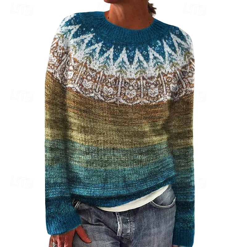 Women's Sweater Pullover Streetwear Casual Floral Crew Neck Knitted Print Long Sleeve Regular Tops Knit Daily Holiday Going out Blue Orange Fall Winter2