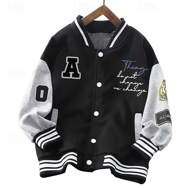 Kids Unisex Baseball Jackets Outerwear Color Block Long Sleeve Comfort Buttons Soft Coat Outdoor Cotton Fashion Daily Black Spring Fall 4 years+3