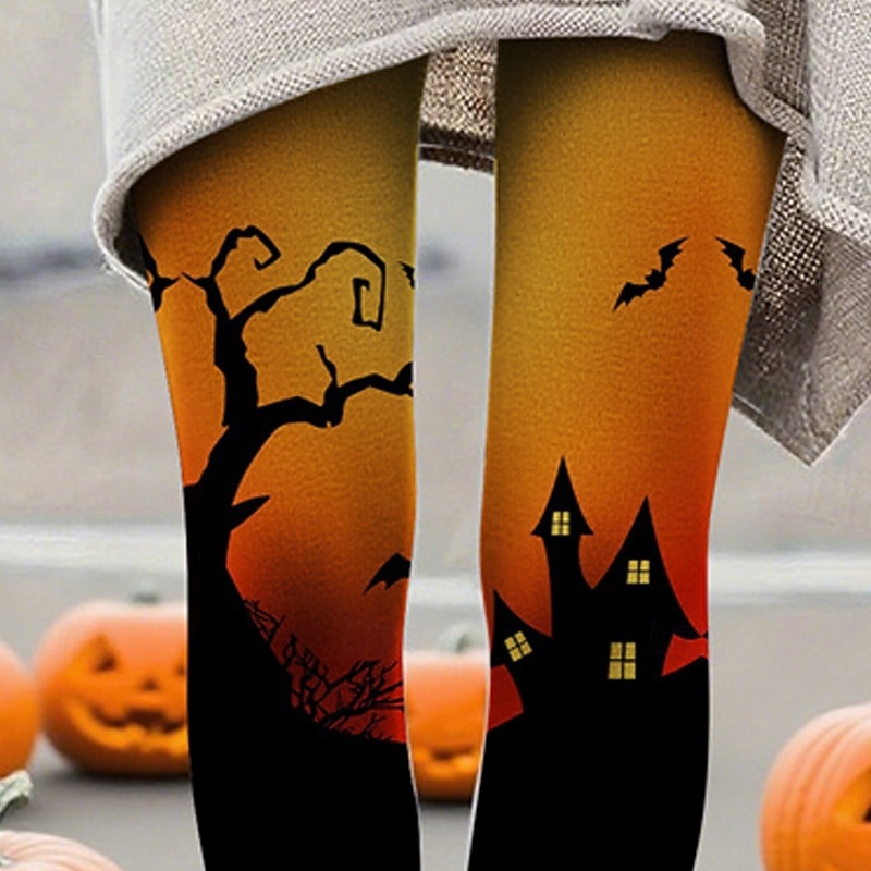 Women's Leggings Cozy Leggings Basic Casual Full Length High WaistPantsHalloween Graphic Tree Printing Thermal Warm Comfortable Stretchy Vacation Casual Daily Orange Fall Winter Slim Fit2