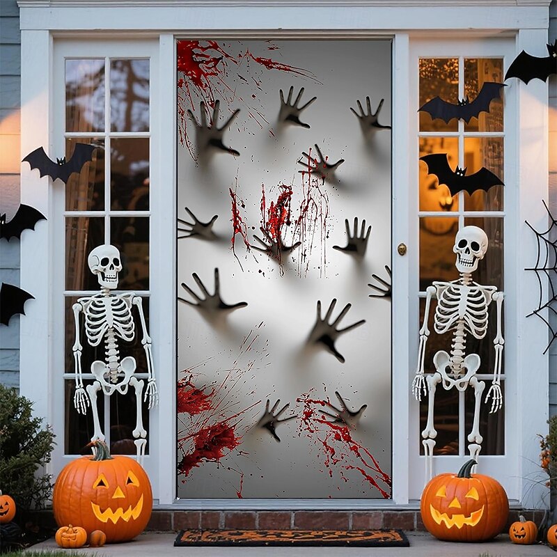 Halloween Door Cover Outdoor Banners Bloodstains Bloody Handprints 3D Dark Punk Gothic Style Party Outdoor Shooting Backgrounds Front Door Wall Porch Home Decor