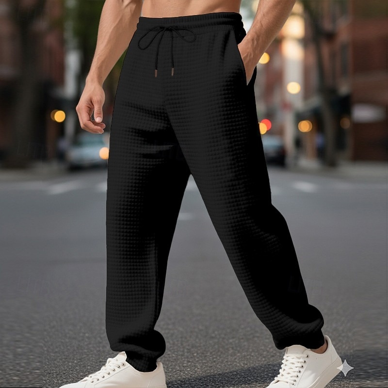 Men's Waffle Sweatpants Trousers Straight Leg Sweatpants Drawstring Front Pocket Plain Comfort Full Length Outdoor Work Daily Fashion Streetwear Black White Stretchy2