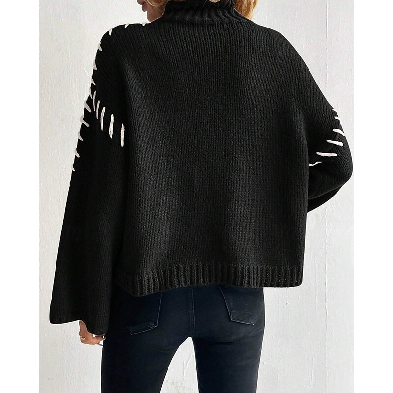 Women's Sweater Pullover Fashion Casual Pure Color Ribbed Turtleneck Knitted Long Sleeve Regular Tops Knit Outdoor Daily Weekend Black Fall Winter2
