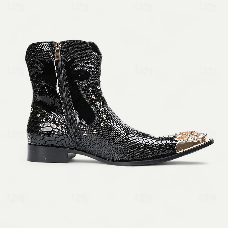 Men's Burgundy Genuine Leather Snake Print Ankle Boots with Metal Buckle – Gothic Punk Party Shoes4