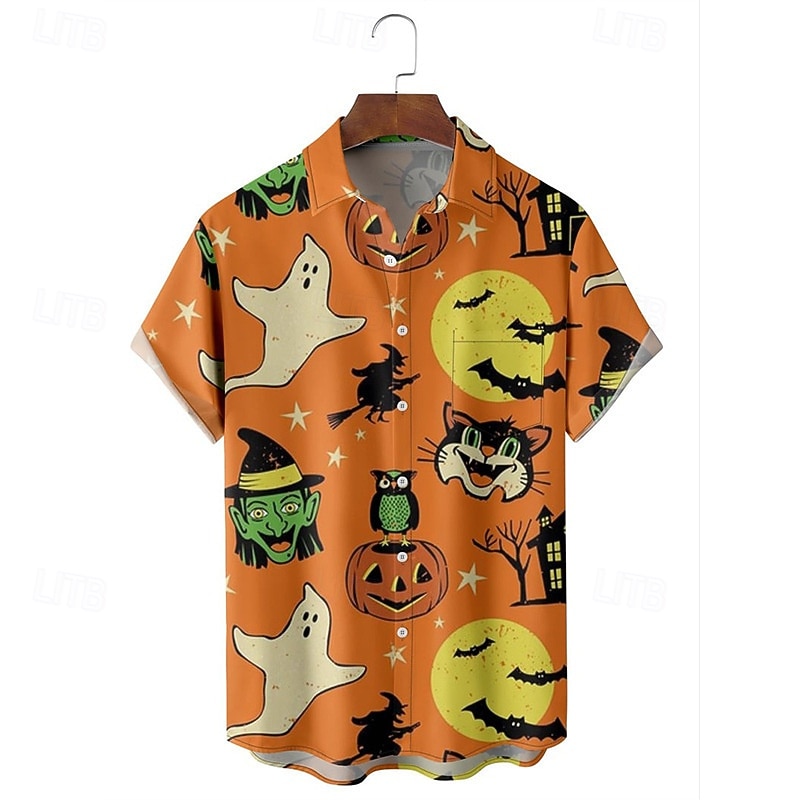 Halloween Men's Grimace Lantern Face Shirt Summer Shirt Casual Shirt Short Sleeves Horror Vacation Daily Wear Theme Party Spring & Summer Lapel Print Black Grey Black White Black / Orange Orange4