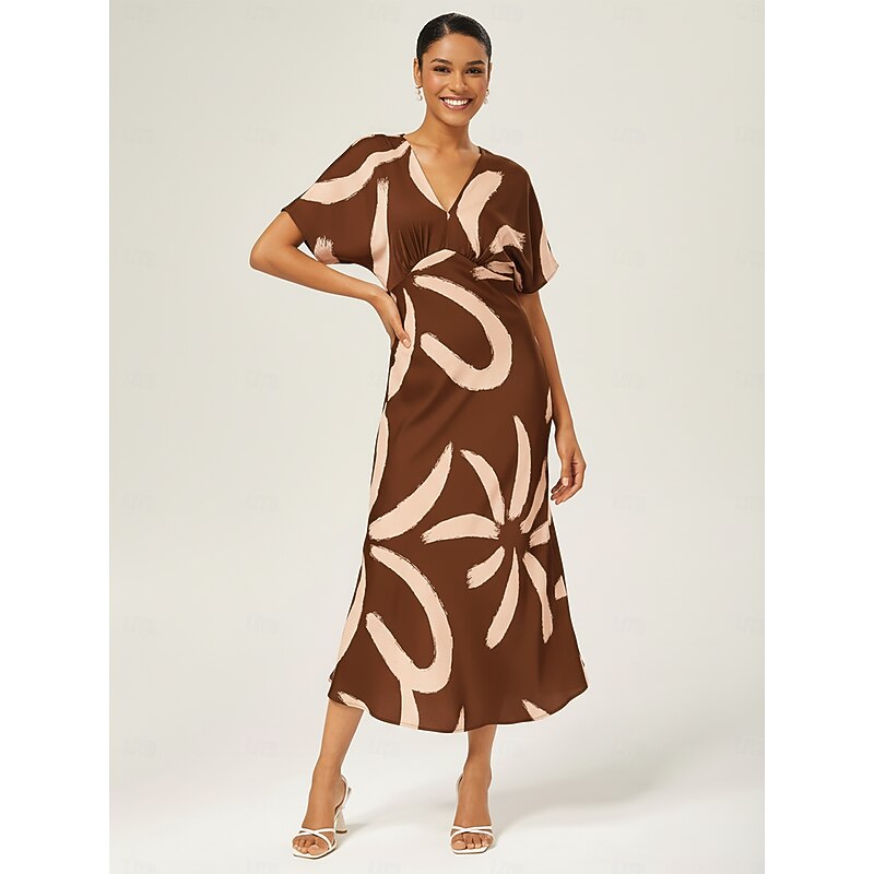 Women's Maxi Dress Coffee Abstract Floral Print Satin V Neck Batwing Sleeve Belted Elegant Vacation Spring Summer Fall