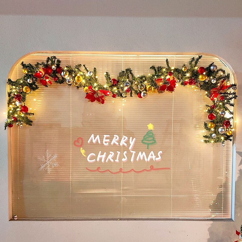 Christmas Garland with Lights, Artificial Green Christmas Garland for Stair Railings Mantle Decorations with Red Flowers, Berry Clusters Needle Pine and Balls, Winter Outdoor Indoor Decor