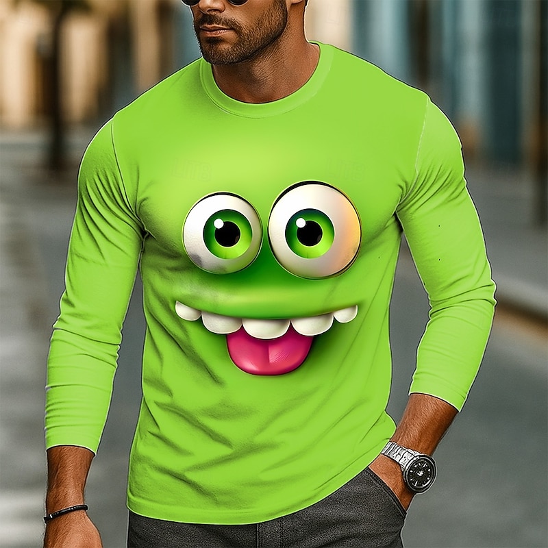 Men's 3D Funny Emotes T Shirt Long Sleeve T shirt 3D Print Crew Neck Shirt Fashion Exaggerated Street Daily Blue Green Summer Spring Fall Clothing Apparel S M L XL XXL XXXL