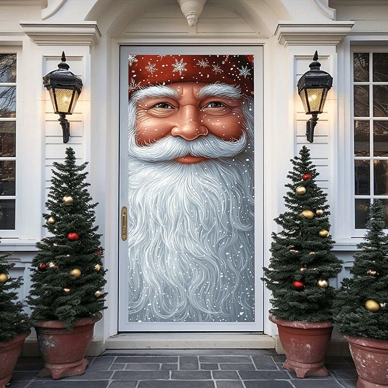 Christmas Door Cover Santa Claus Merry Christmas Holiday Decor Colorful Christmas Ornaments Winter Theme Drapes Festive Home Decoration Curtain Large Seasonal Door Cover3