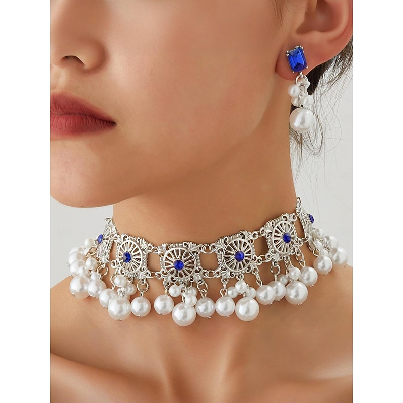 Women's Vintage Pearl Choker Necklace with Red Gem Accents - Elegant Party Jewelry for Evening and Cocktail Occasions2