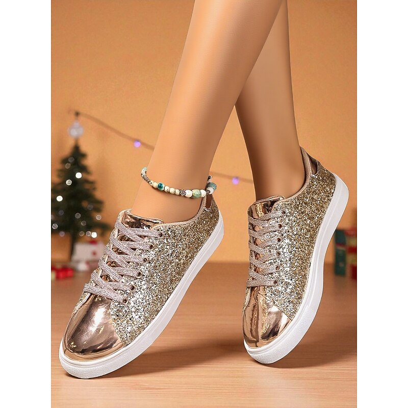 Women's Gold Glitter Lace-Up Sneakers with Metallic Toe Cap - Trendy Nightlife Party and Clubwear Shoes4