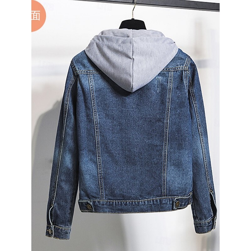 Women's Casual Jacket Denim Jacket Comfortable Breathable Pocket Buttons Casual Plain Vacation Street Casual Daily Wear Single Breasted Short Hooded Slim Long Sleeve Outerwear Navy Blue Blue Spring2