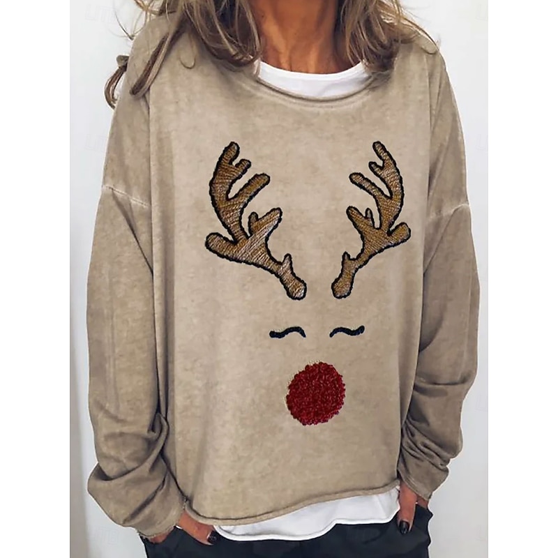 Women's Sweatshirts Graphic Reindeer Vintage Fashion Casual Long Sleeve Crew Neck Regular Tops Street Casual Print Khaki Fall Winter