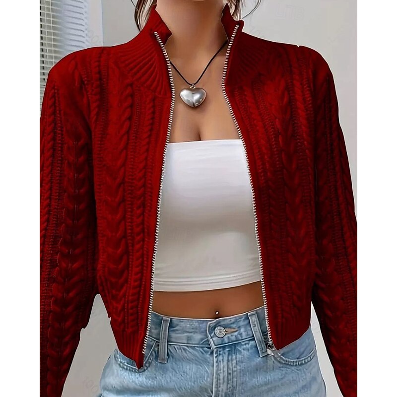 Women's Sweater Cardigan Streetwear Casual Solid Color Cable Stand Collar Zipper Knitted Long Sleeve Regular Tops Knit Daily Going out Weekend Wine Red Black Fall Winter2