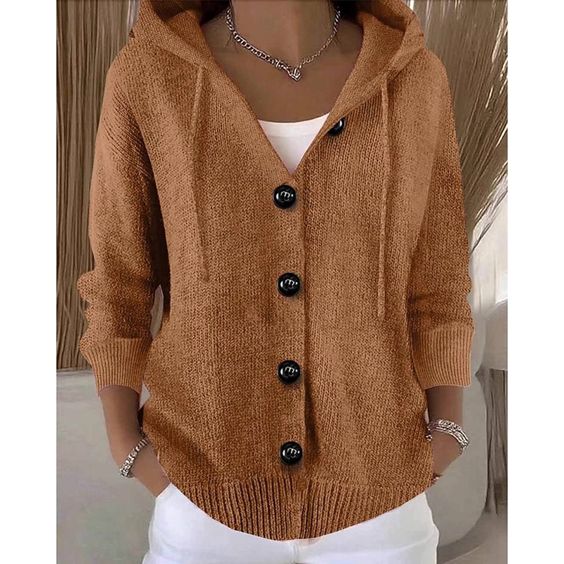 Women's Sweater Cardigan Fashion Streetwear Casual Pure Color Ribbed Hooded Pocket Buttons Knitted Long Sleeve Regular Tops Knit Outdoor Daily Weekend Army Green Light Brown Fall Winter4