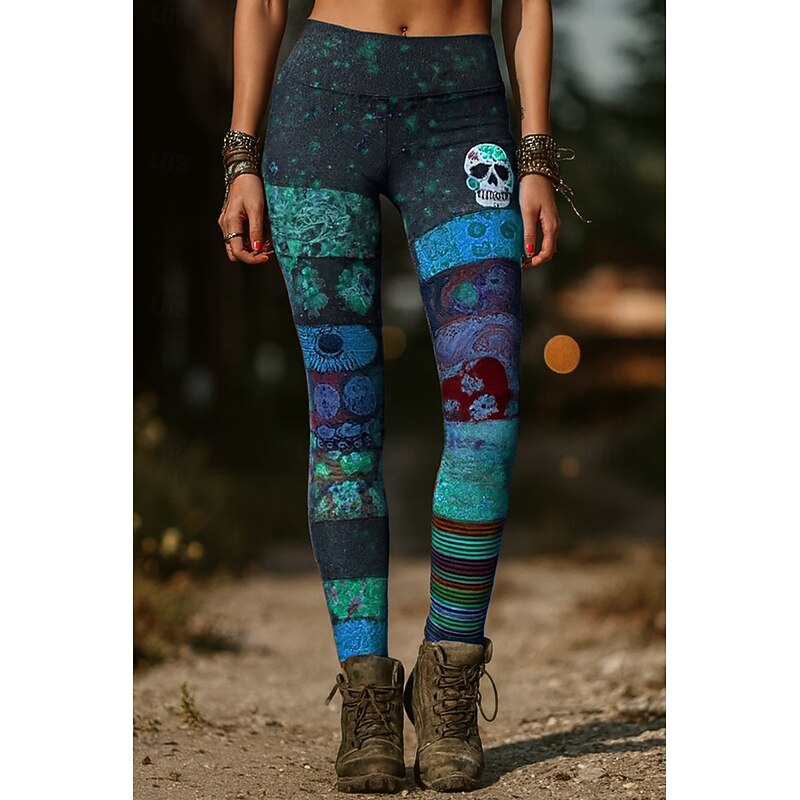 Women's Leggings Vacation Vintage Ethnic Style Full Length High WaistPantsHalloween Graphic Skull Monster Drawstring Patchwork 3D Print Quick Dry Breathability Soft Stretchy Formal Outdoor Vacation2
