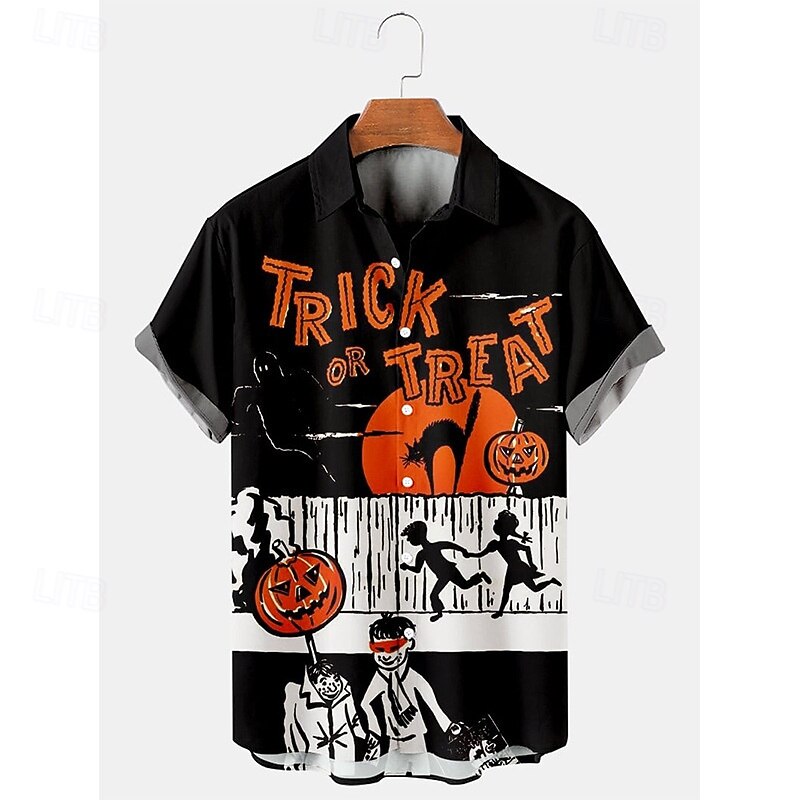 Halloween Men's Grimace Lantern Face Shirt Summer Shirt Casual Shirt Short Sleeves Horror Vacation Daily Wear Theme Party Spring & Summer Lapel Print White+Black Orange / Gray Black Orange Beige2