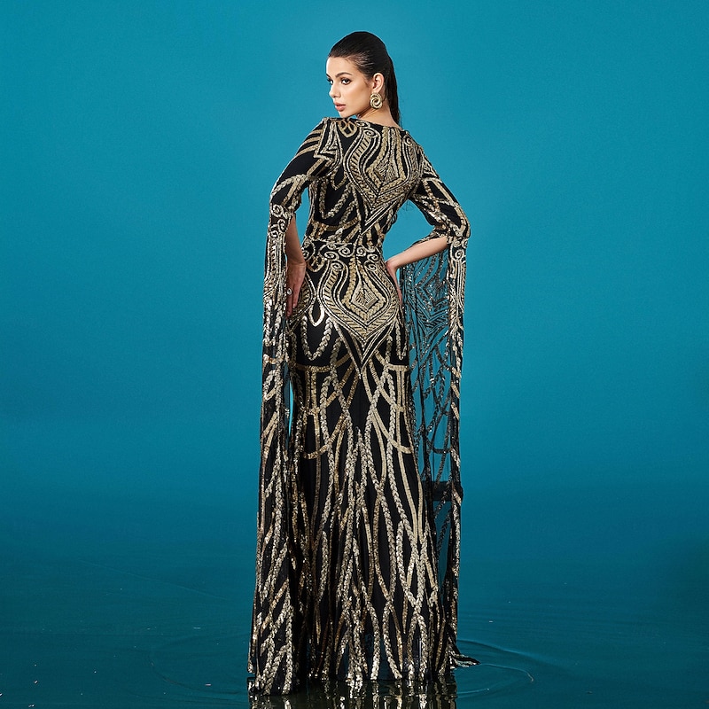 Mermaid / Trumpet Evening Gown Elegant Formal Dress Formal Wedding Floor Length Long Sleeve Crew Neck Tulle with Floral Print Ruched Sequin 20253